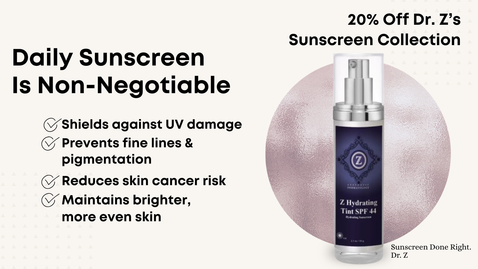 Holiday skincare promotion with a woman in a lab coat and Santa hat. 