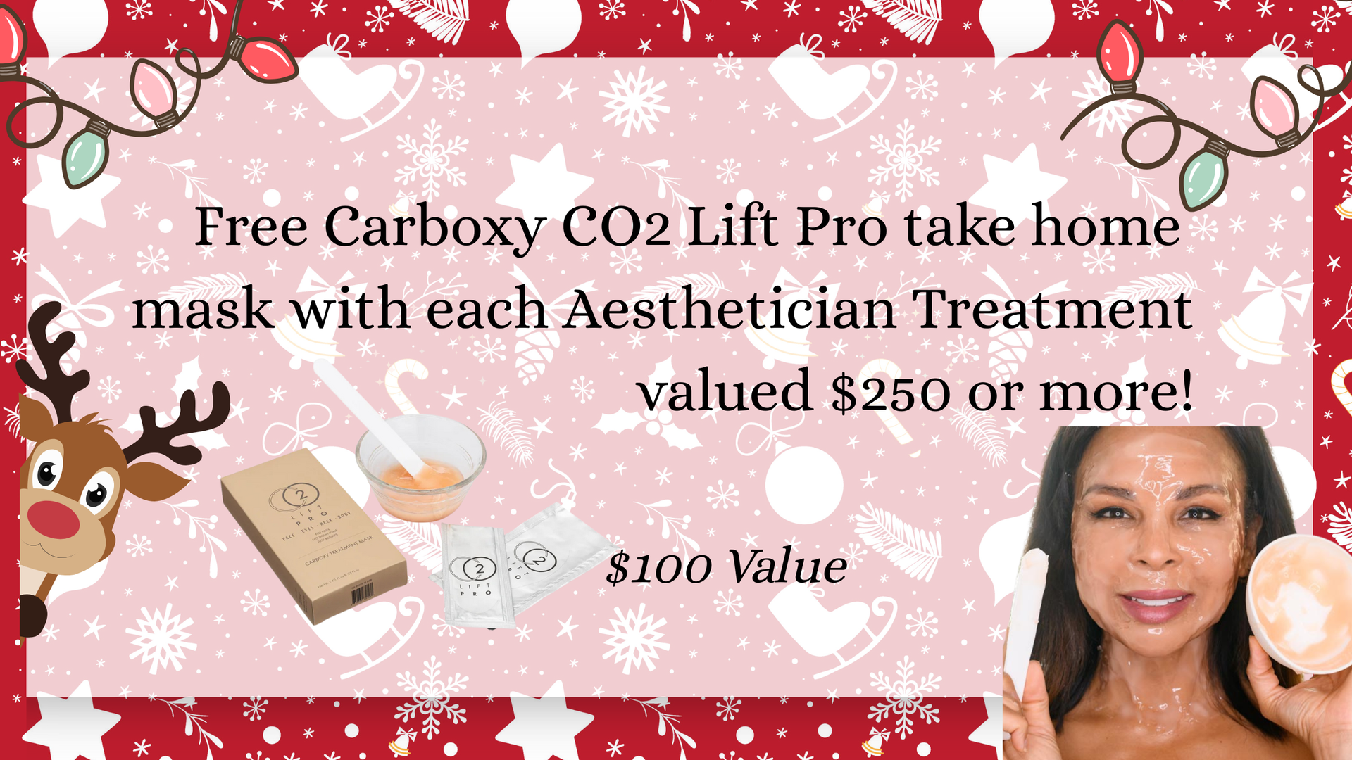 Holiday skincare promotion with a woman in a lab coat and Santa hat.