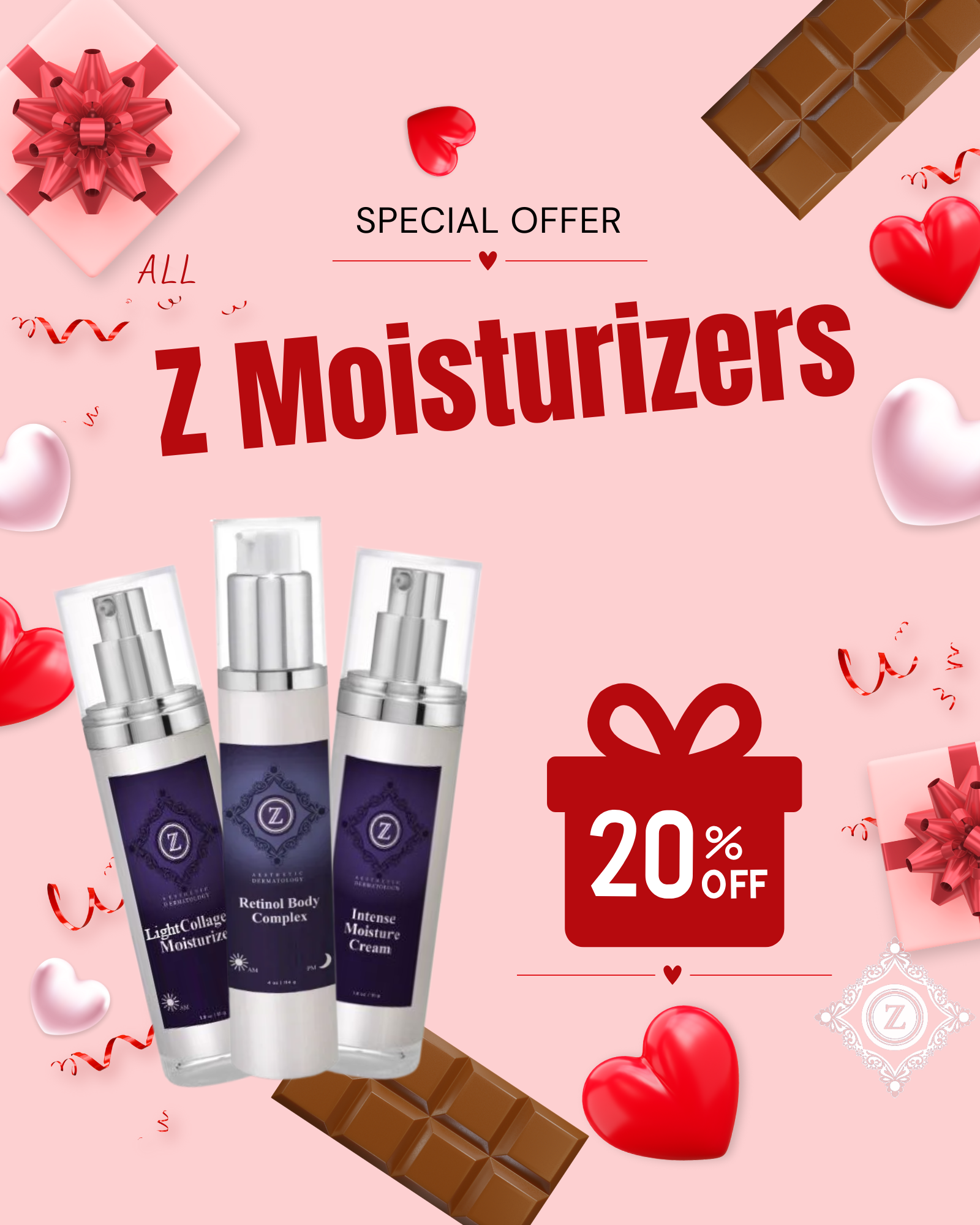 Skincare advertisement: Z Brand products with 20% off. Four bottles on brown background with water droplets.