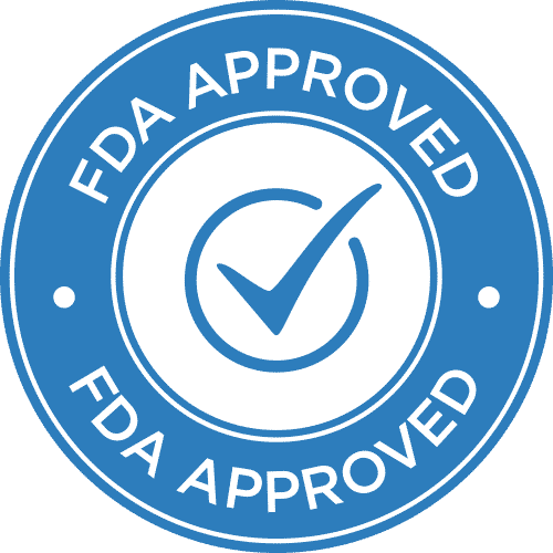 A blue fda approved stamp with a check mark in the center