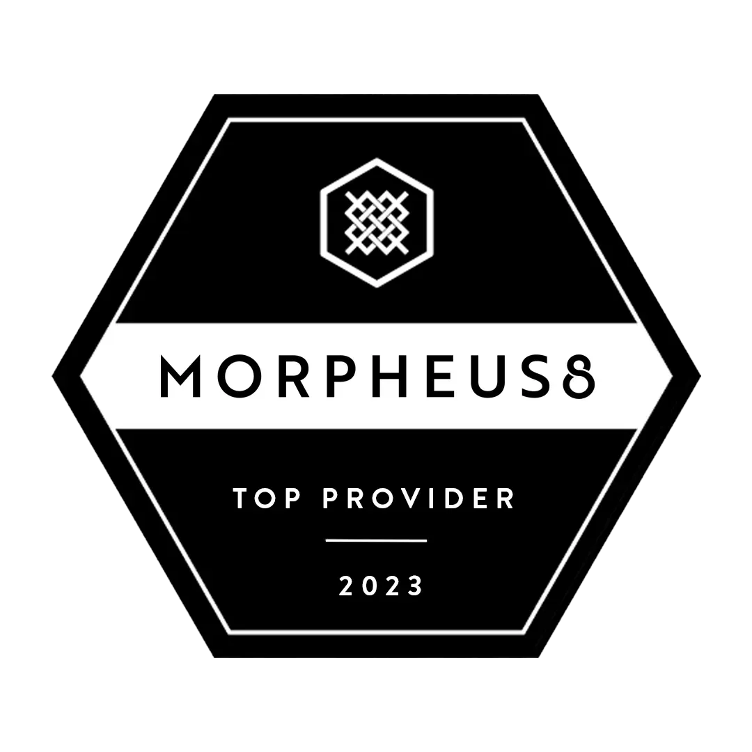 A black and white logo for morpheus8 , a top provider in 2023.