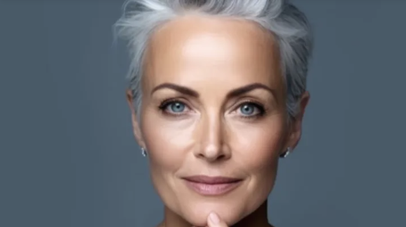 A close up of a woman 's face with gray hair and blue eyes.