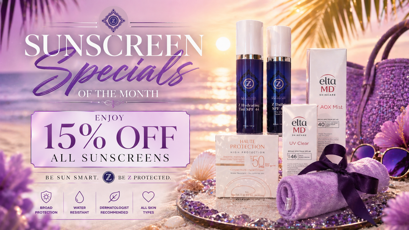 Holiday skincare promotion with a woman in a lab coat and Santa hat. 