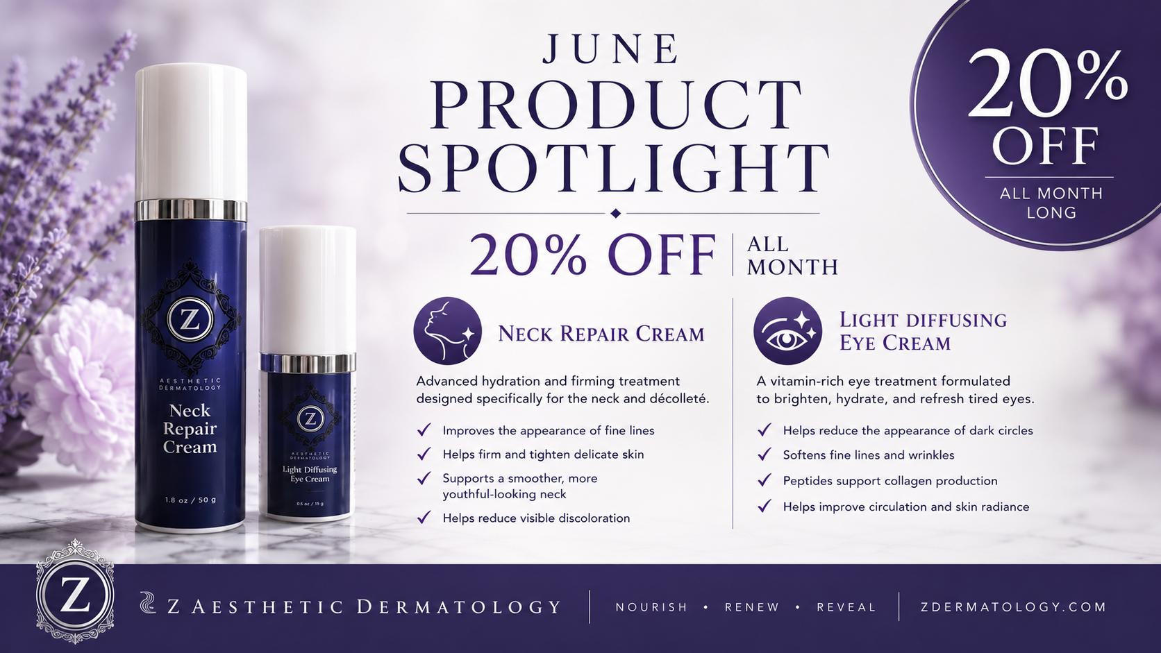 Holiday skincare promotion with a woman in a lab coat and Santa hat. 