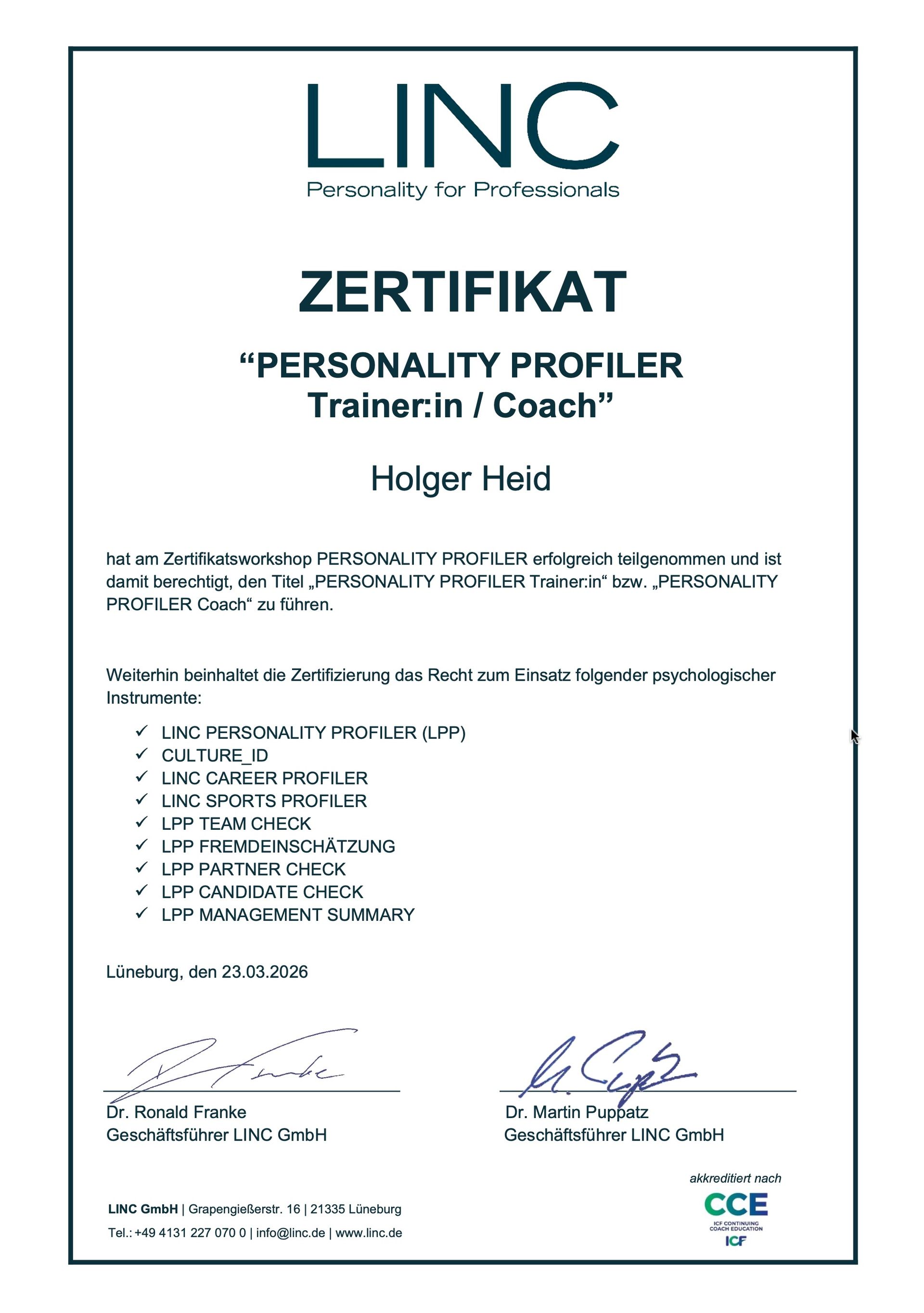 Offizielles Zertifikat LINC Personality Profiler Coach Holger HEID