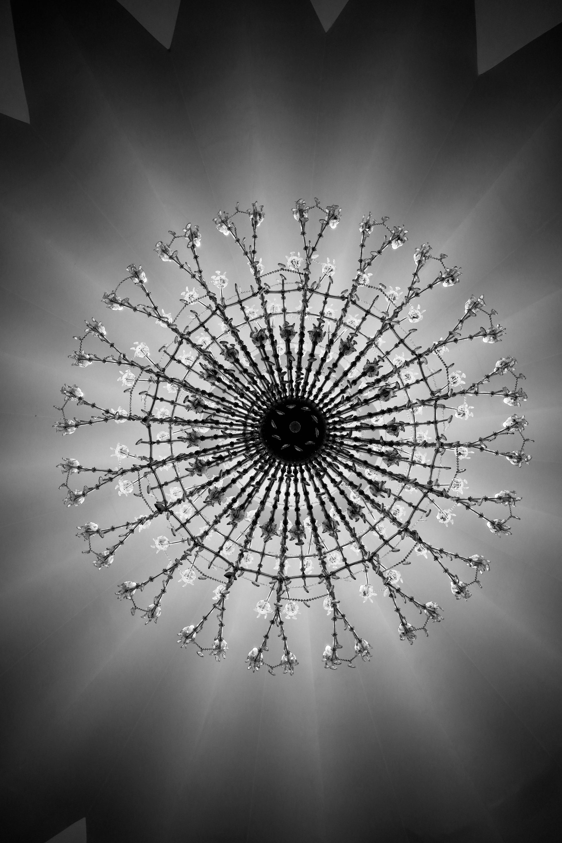 Eine Art Mandala aus Draht verdeckt die Sonne im Himmel und erzeugt ein sehr schönes Bild. Das Photo ist schwarz-weiss.
