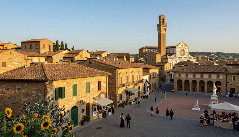 Una piazza italiana soleggiata con edifici in pietra, una torre e persone riunite in una piazza storica.