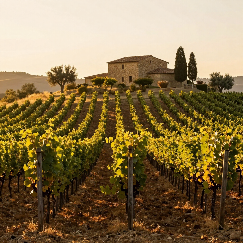 Filari di vigneti illuminati dal sole che conducono a una casa colonica in pietra su una collina al tramonto