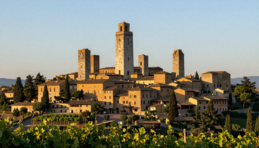 Borgo medievale in pietra con alte torri al tramonto, incorniciato da campi verdi e un cielo azzurro.