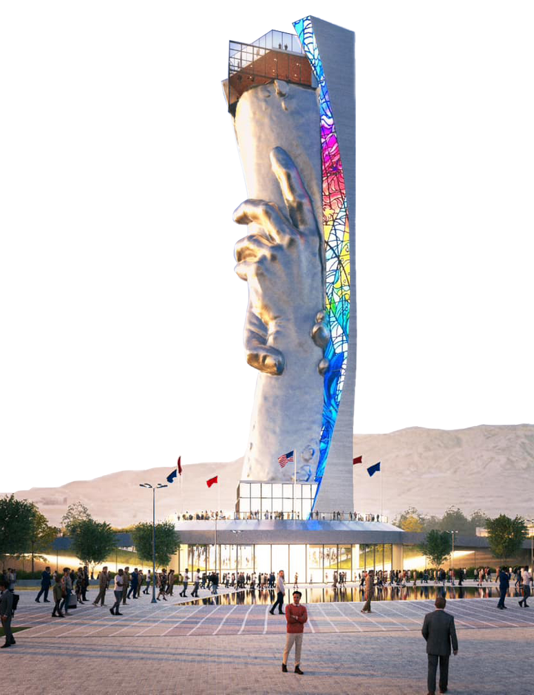 A ground-level view 3D rendering of the statue of responsibility created by the architecture firm FFKR