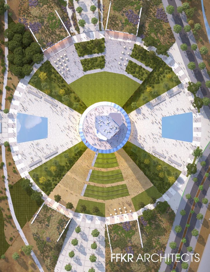 A top-view 3D rendering of the statue of responsibility created by the architecture firm FFKR