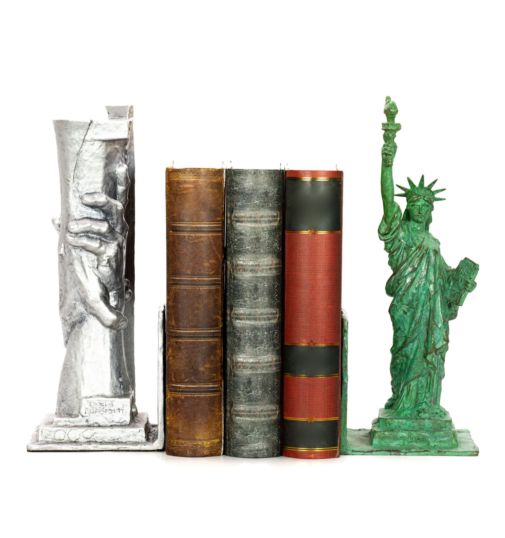 bronze bookend sculptures replicating the statue of liberty and the statue of responsibility designed by Gary Lee Price