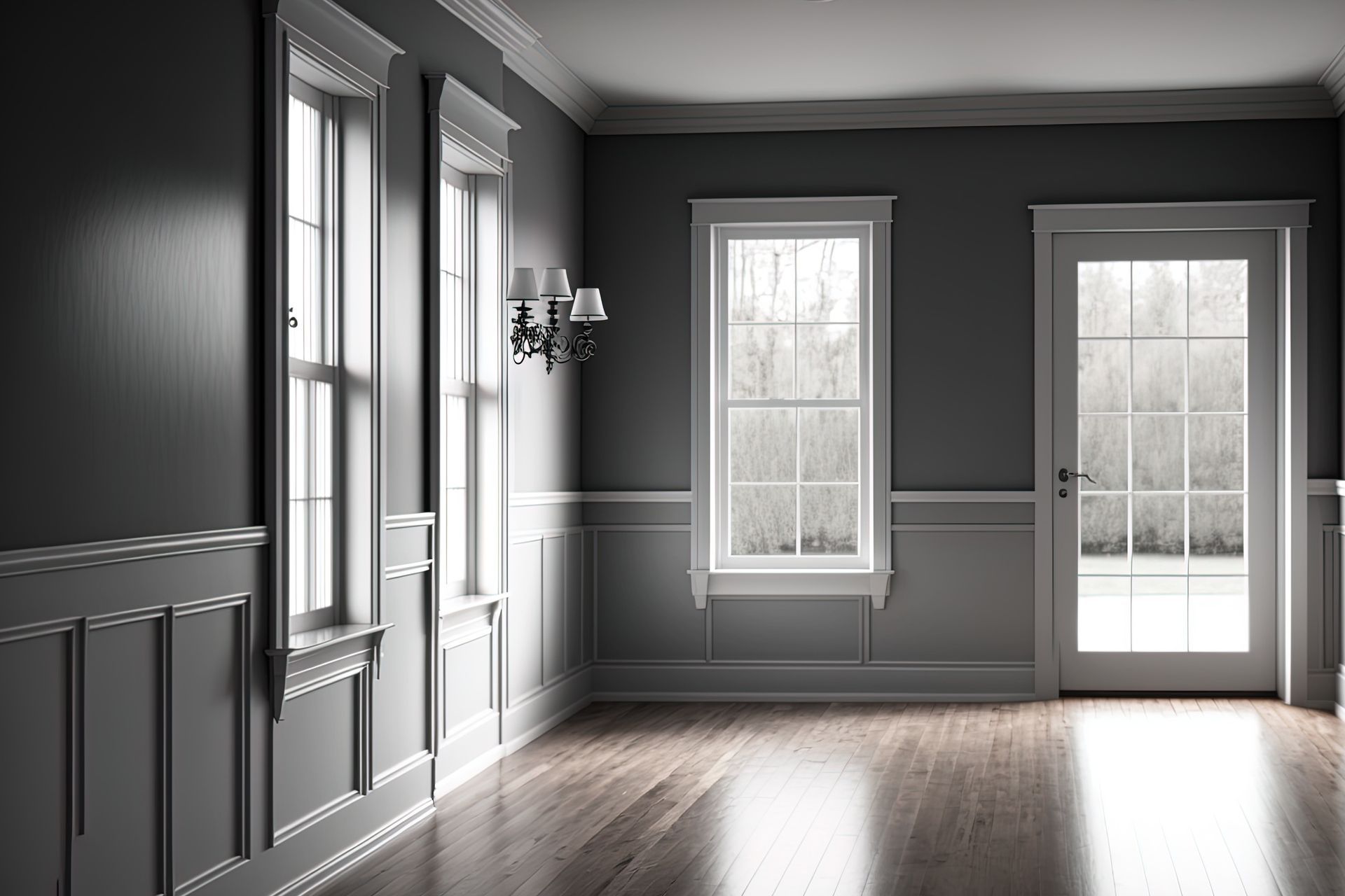 An empty room with gray walls , white trim , and hardwood floors.