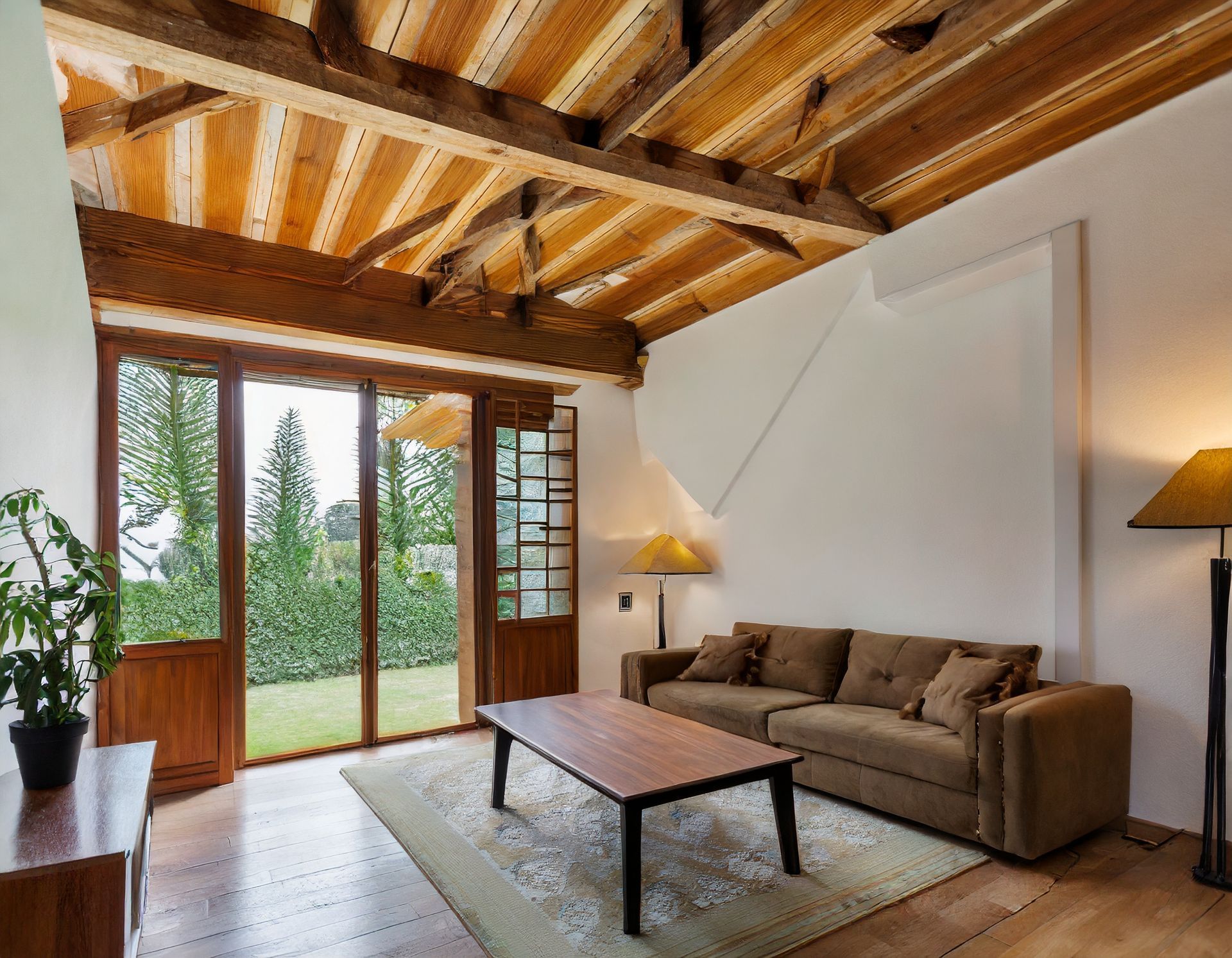 A living room with a couch , coffee table , lamp and sliding glass doors.