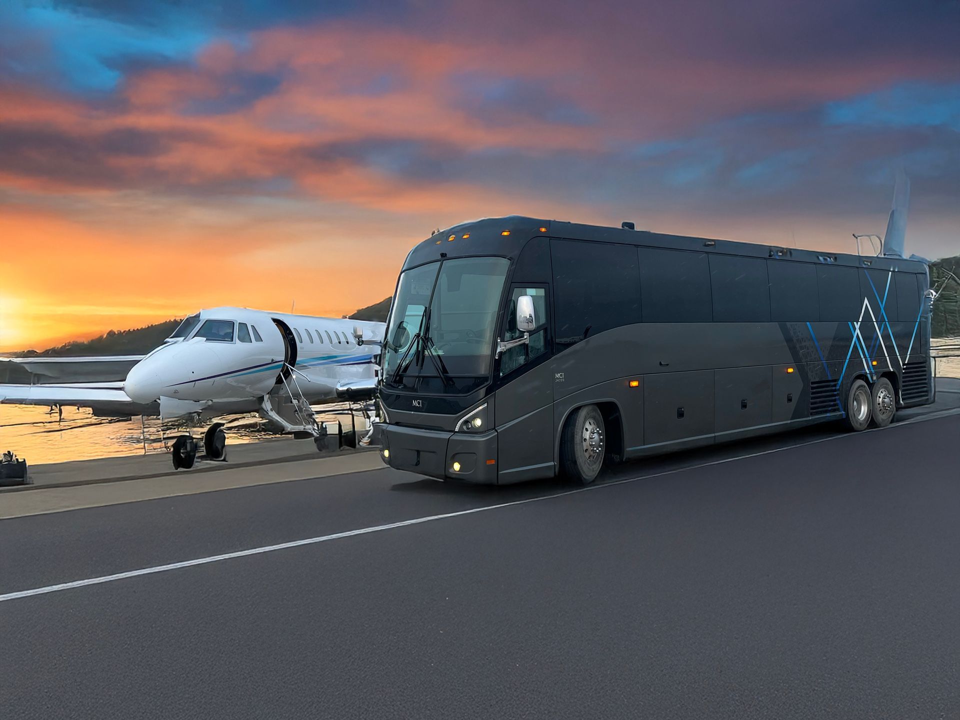 Gray motor coach on the tarmac at Centennial airport