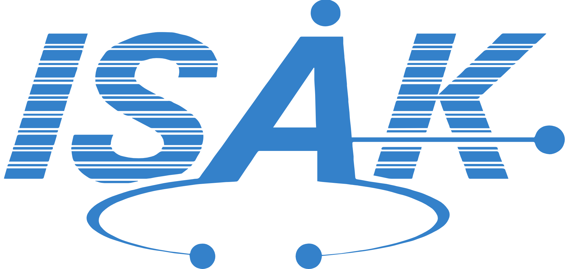 A blue and white isak logo on a white background