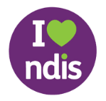 A purple circle with the words `` i love ndis '' and a green heart.