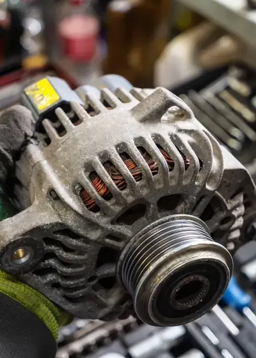 A person in work gloves holds a metal automotive alternator showing its pulley and internal copper wiring.