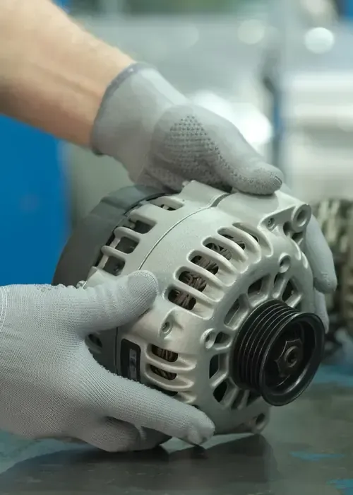 Gloved hands hold a car alternator in a workshop setting.