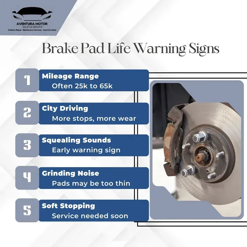 Brake pad life warning signs infographic with brake rotor photo and five listed symptoms.