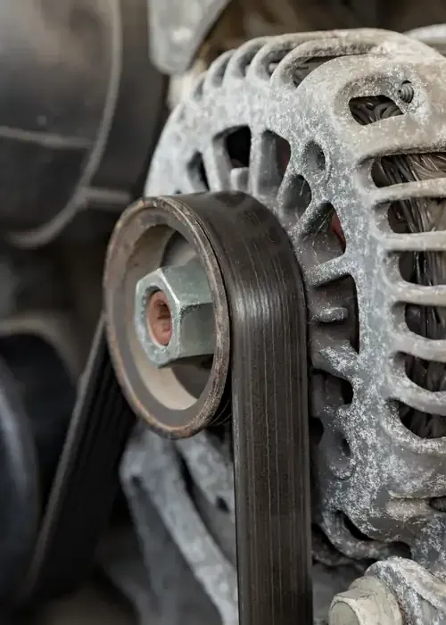 A person holding a red and black digital multimeter to test an engine under the hood of a car.