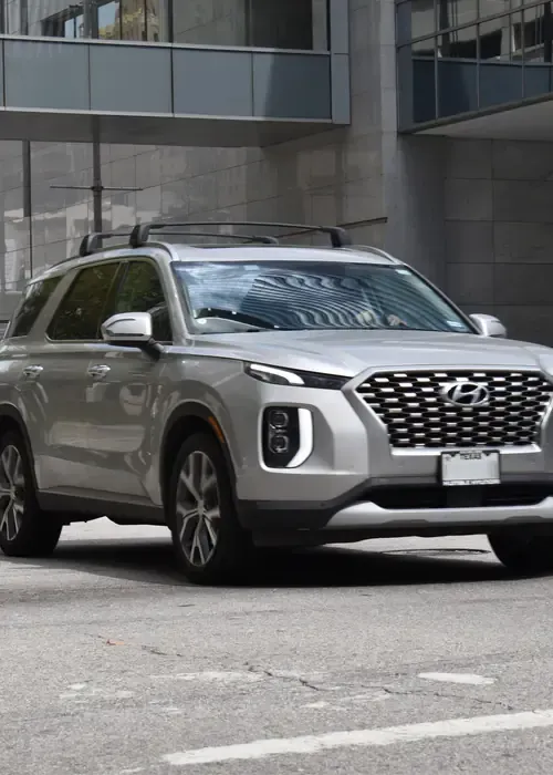 A silver Hyundai Palisade SUV with a roof rack parked on an urban street near a modern building.