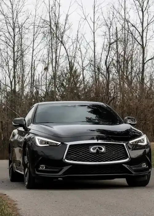A black Infiniti Q60 coupe parked on a paved road with a background of bare trees on an overcast day.