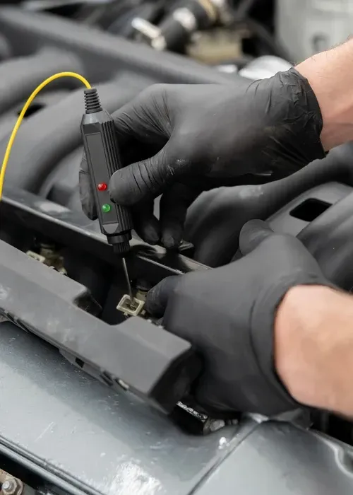 Hands wearing black nitrile gloves use a circuit tester to check an electrical connection in a car engine bay.