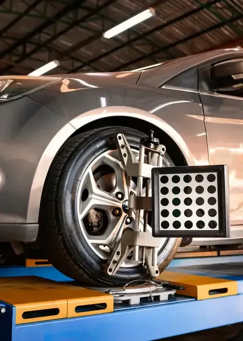 A silver car wheel mounted on an alignment machine with a sensor target attached in an auto repair shop.