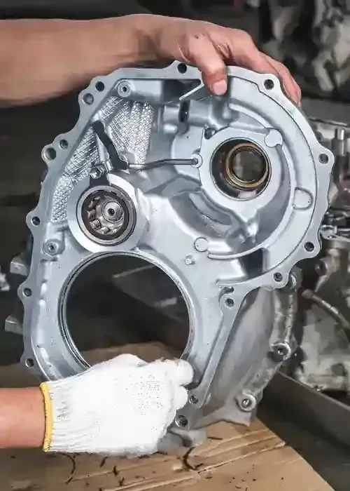 Hands holding a silver engine housing with bearings in a workshop setting