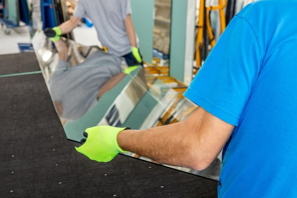 Two People in Blue Shirts and Neon Green Gloves Carefully Handle a Glass — ACG Windows & Glass in Seaford, VIC