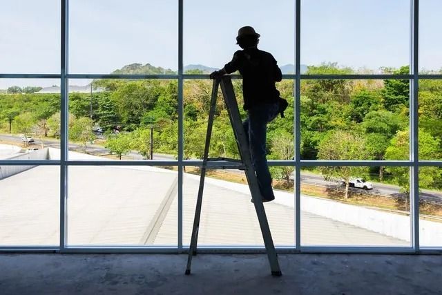 Silhouette of a worker on a ladder inside a window frame, overlooking green trees and rooftops outside — ACG Windows & Glass in Lyndhurst, VIC