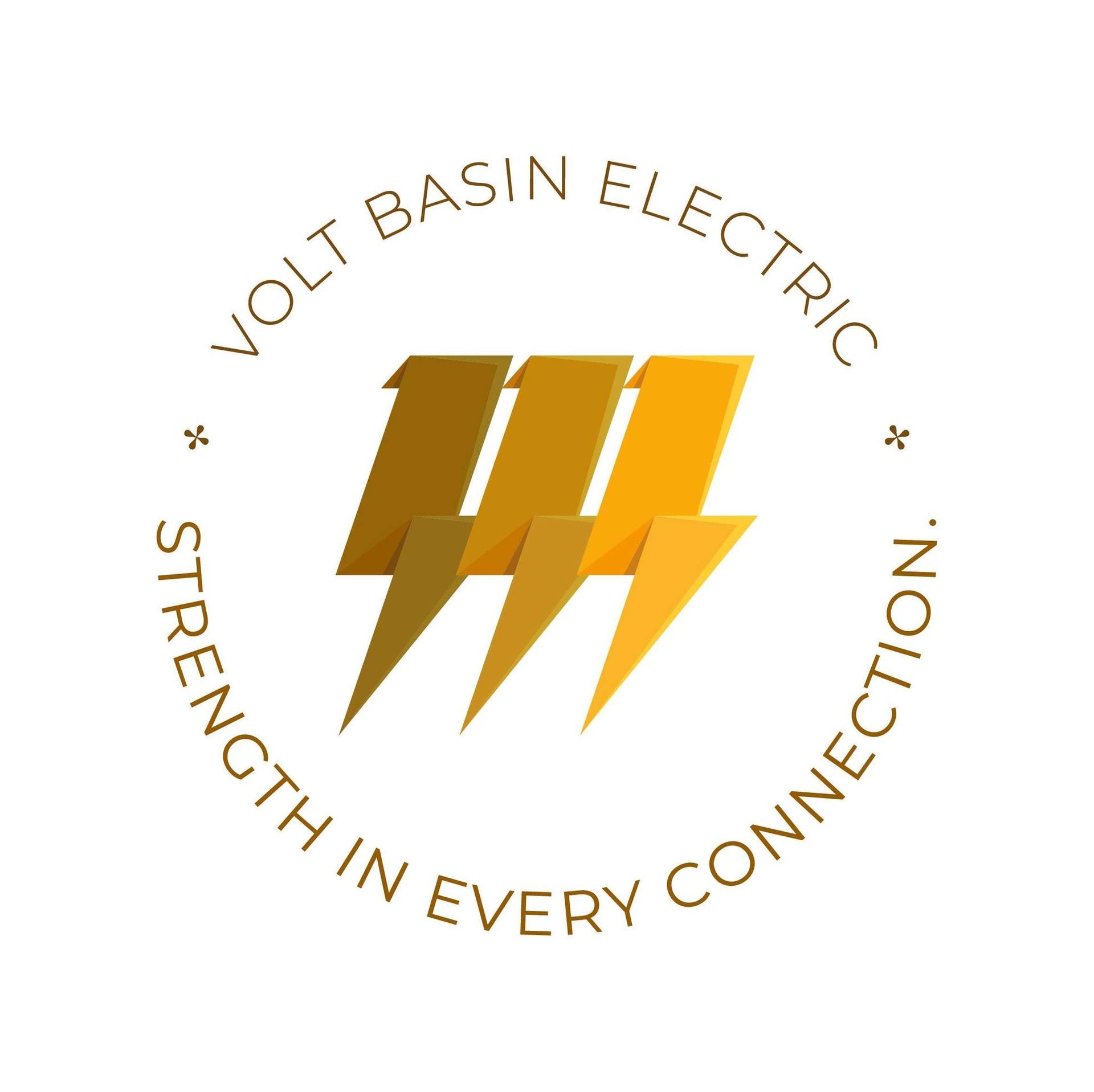 Logo for Volt Basin Electric: Gold lightning bolts inside a circle, with text "Strength in Every Connection."