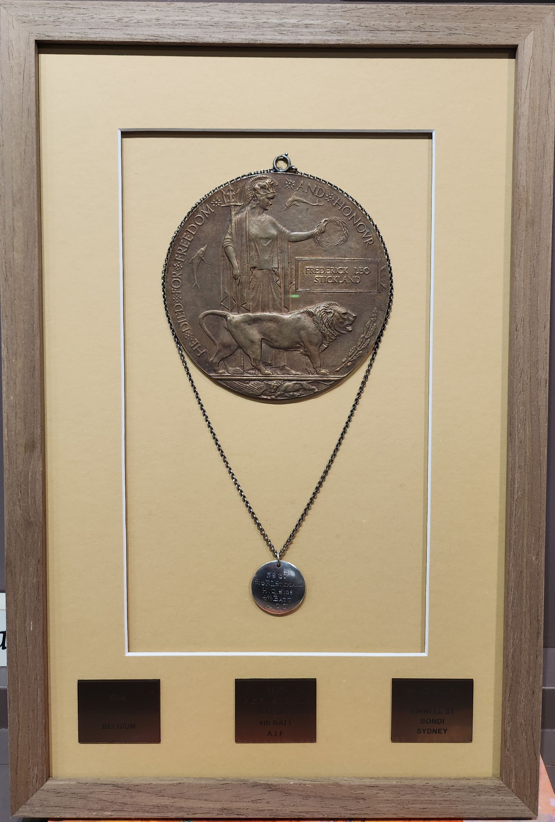 A picture of a medal in a wooden frame