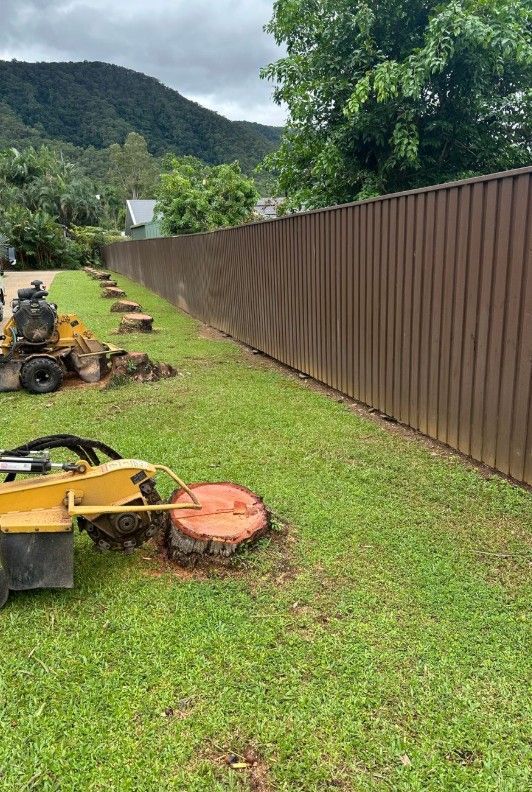 A Stump Grinder is Sitting in the Grass Next to a Fence — Tree Arrangements In Stratford, QLD