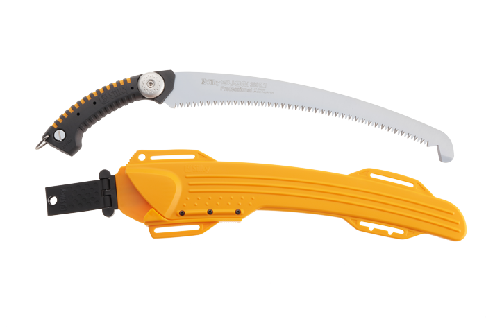 A Saw With A Yellow Sheath On A White Background — Tree Arrangements in Stratford, QLD