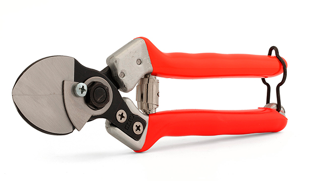 A Pair Of Red And Black Pruning Shears On A White Background — Tree Arrangements in Stratford, QLD