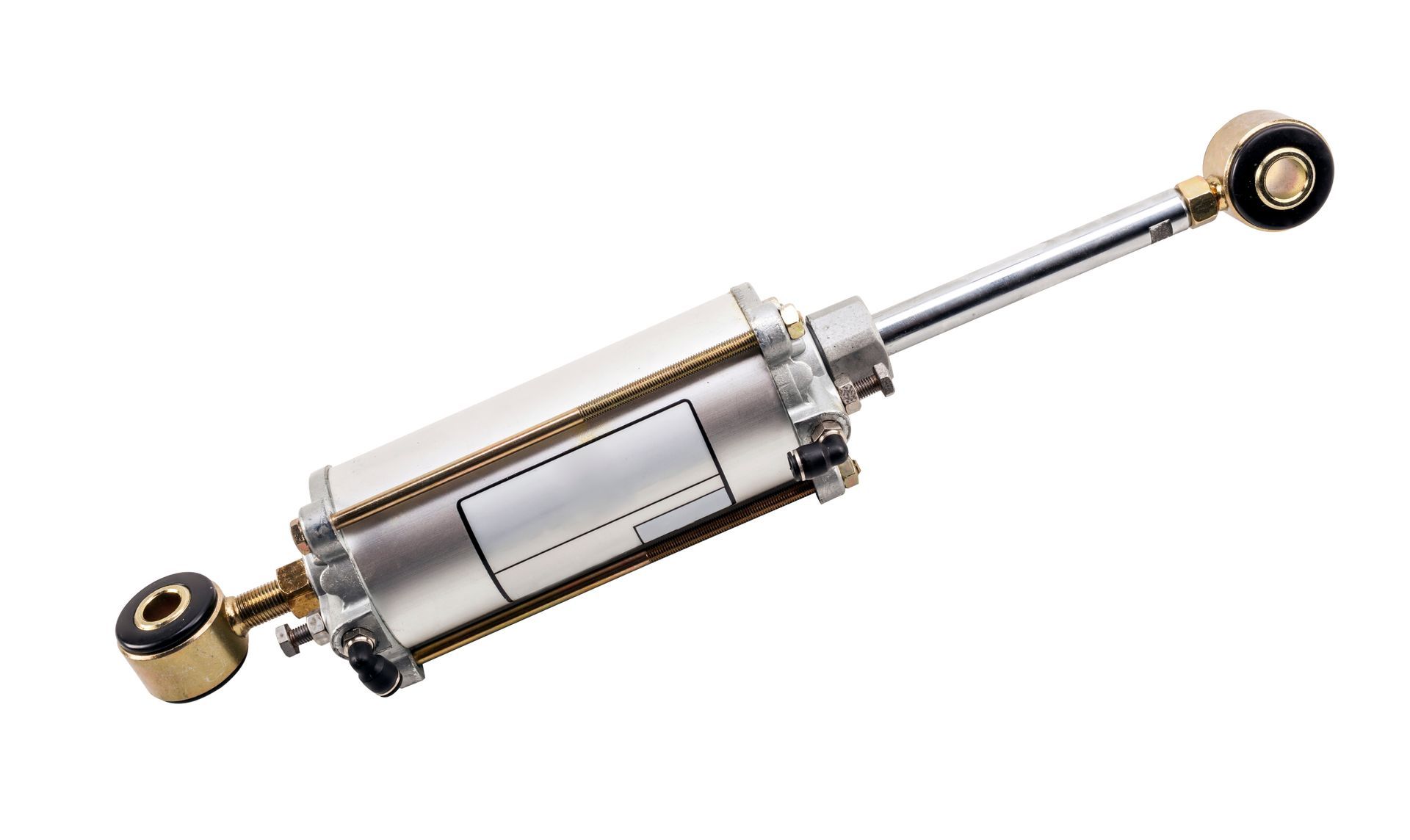 Closeup view of a pneumatic cylinder in a white background.