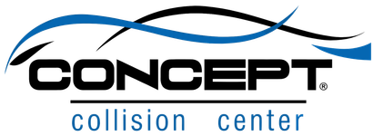 Concept Collision Center logo with blue and black curved lines above the word