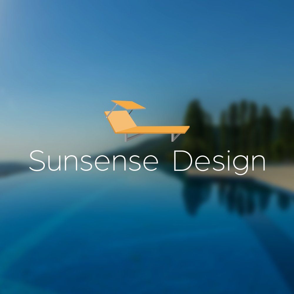 A sunsense design logo with a swimming pool in the background