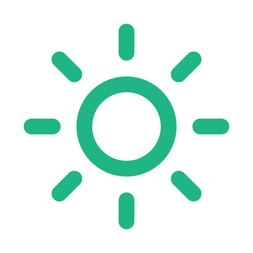 A green icon of a sun with rays on a white background.