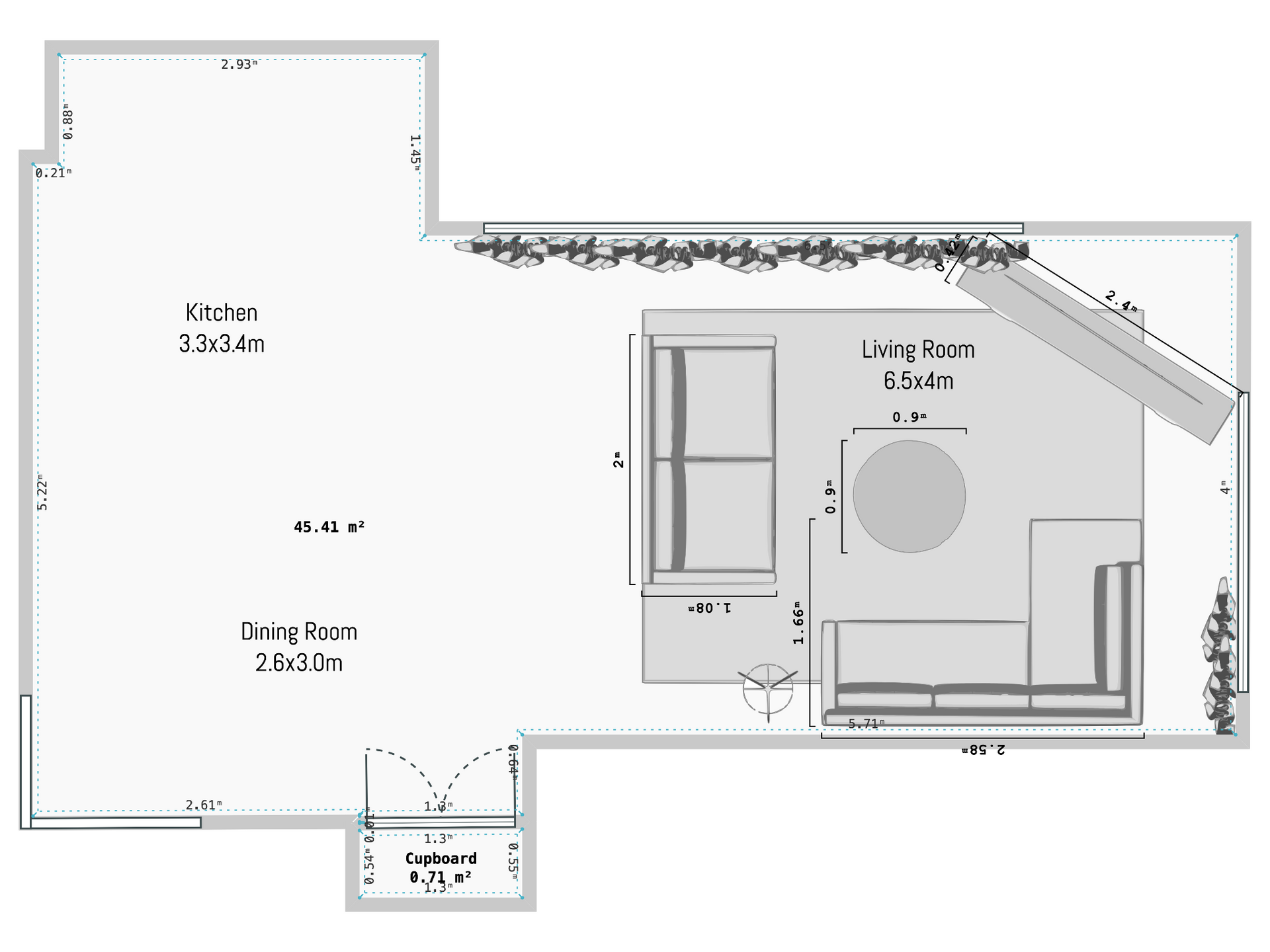 A floor plan of a living room with a couch and a table
