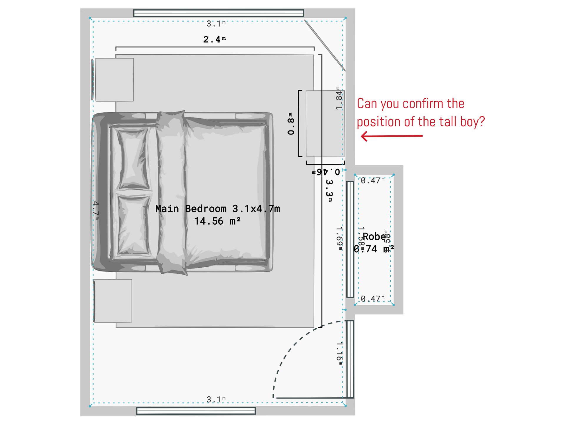 A floor plan of a bedroom with a bed and a balcony
