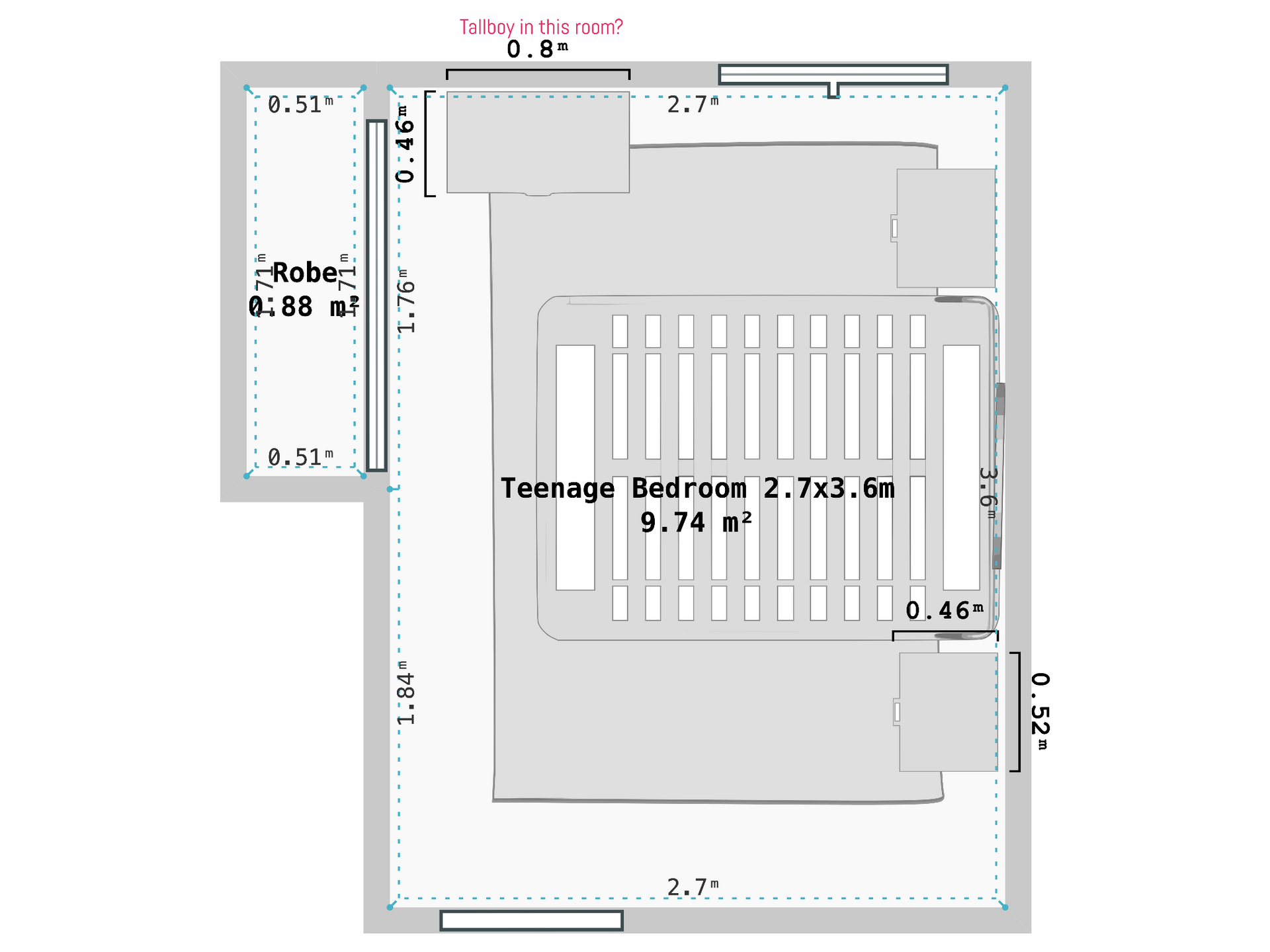 A floor plan of a teenage bedroom with measurements