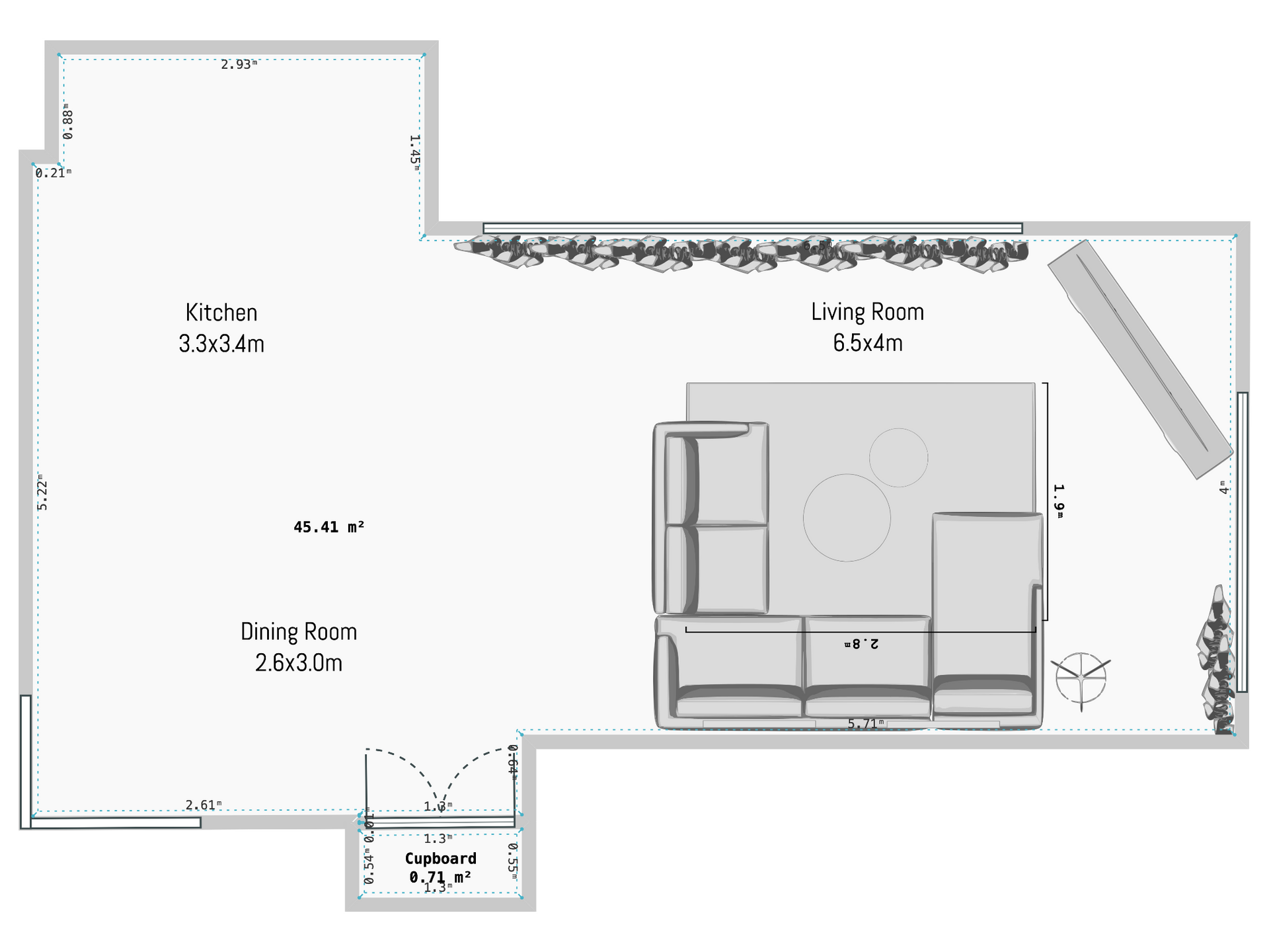 A floor plan of a living room with a couch and a rug