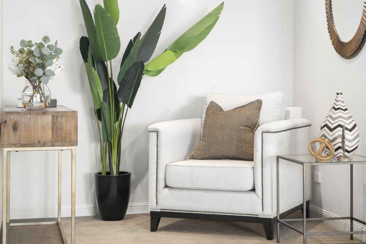 A white chair is sitting in a living room next to a potted plant.
