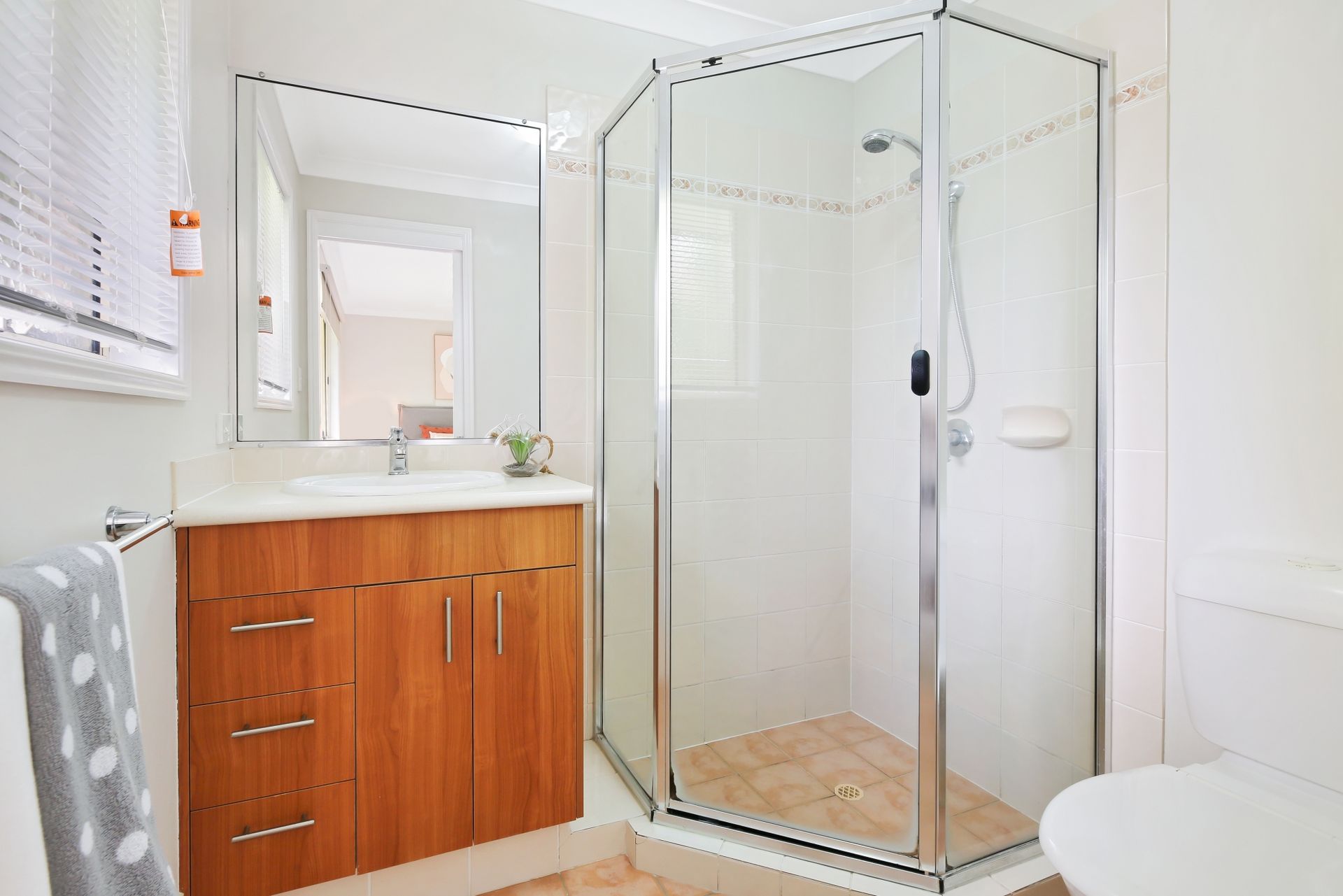 A bathroom with a walk in shower , sink , toilet and mirror.