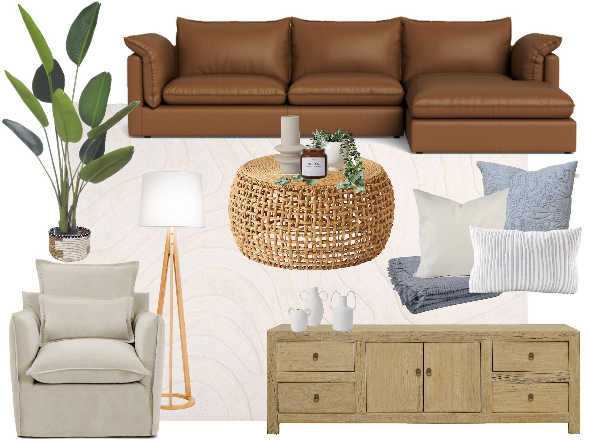A living room with a brown leather couch , wicker coffee table , chair , and dresser.