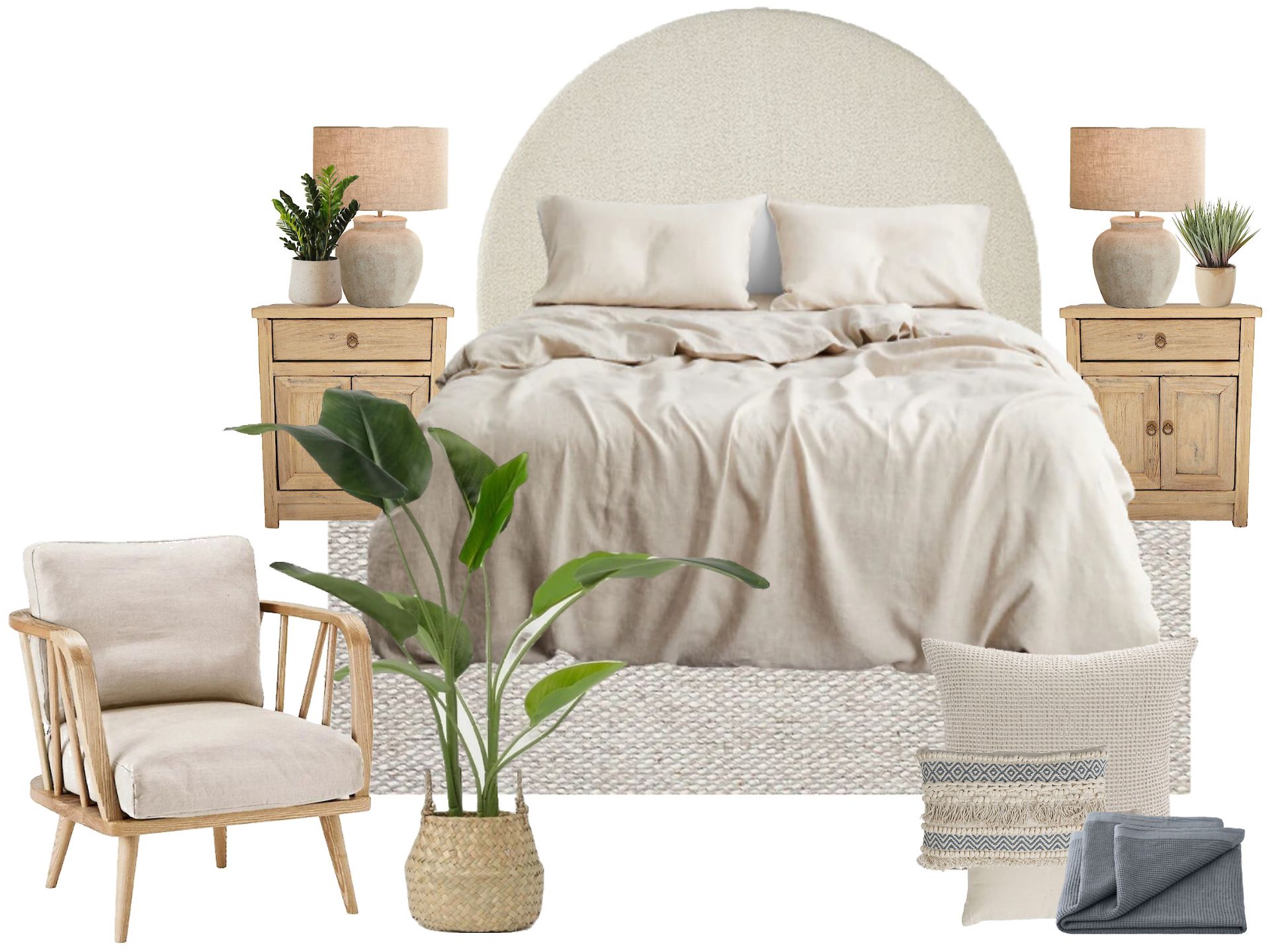 A bedroom with a bed , two nightstands , a chair , and a plant.
