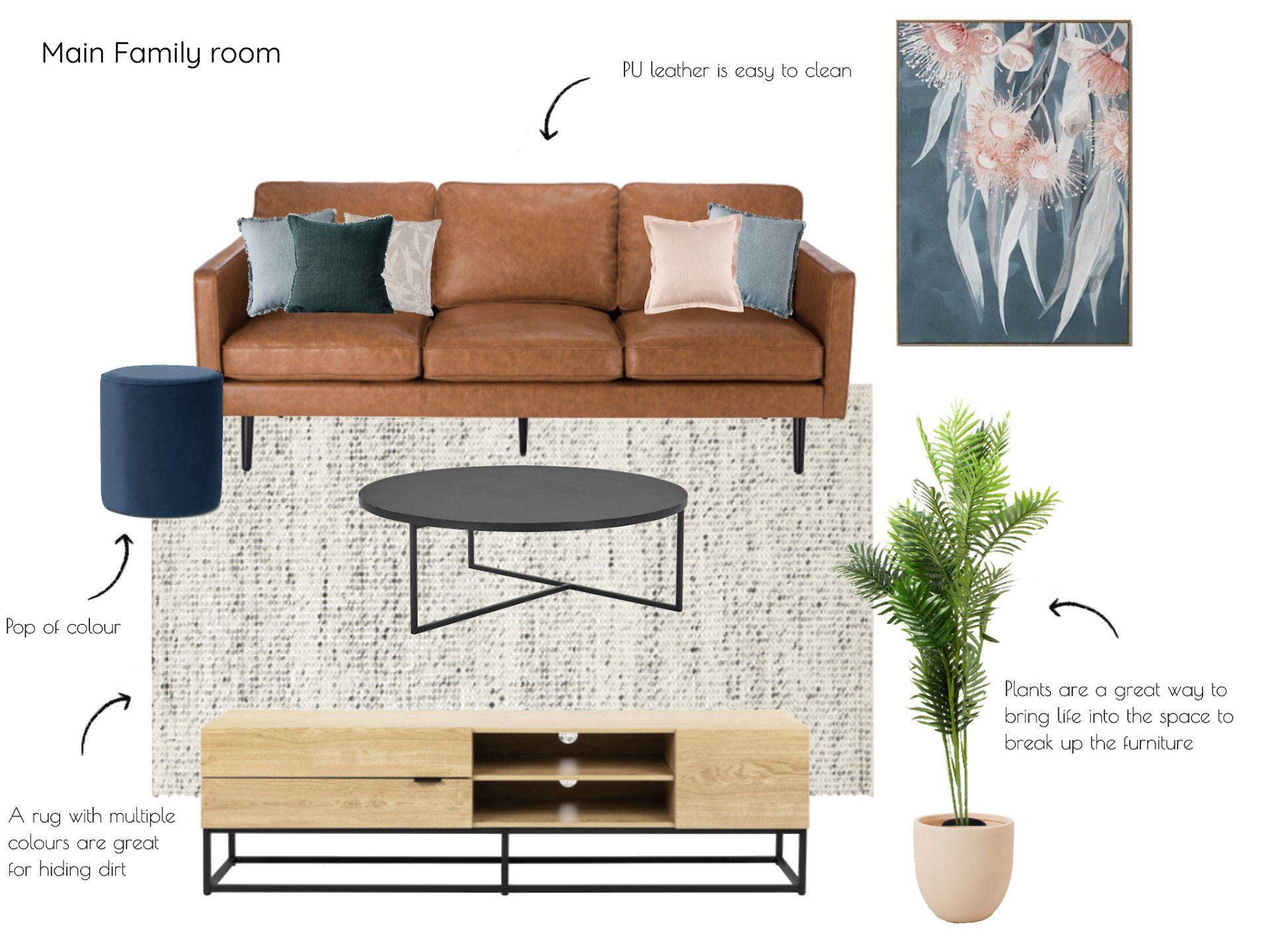 A living room with a brown couch , a black coffee table , a rug , and a plant.